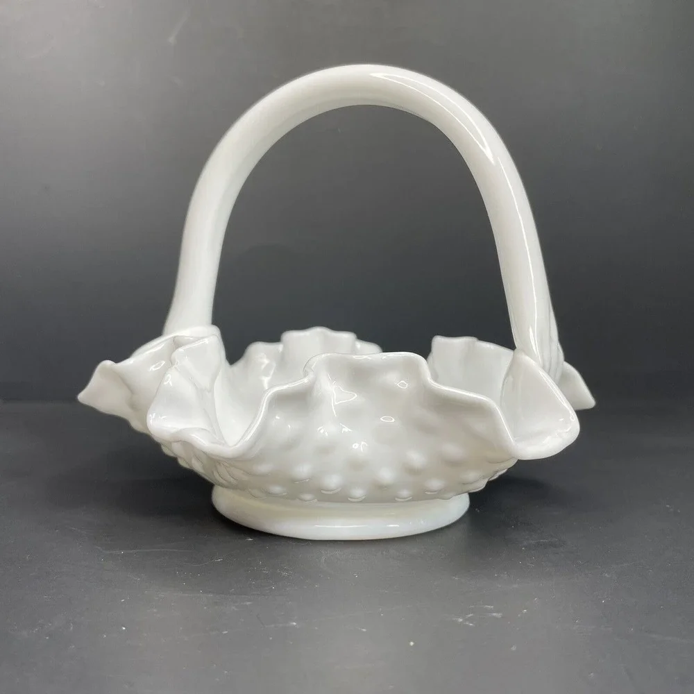 Vintage Fenton Ruffle Hobnail White Milk Glass Basket With Applied Handle‎
